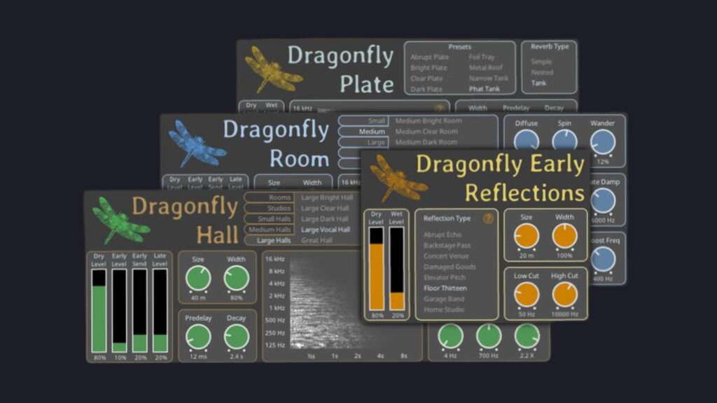 A collage showing the four distinct interfaces of the Dragonfly Reverb plugins (Hall, Room, Plate, Early Reflections).