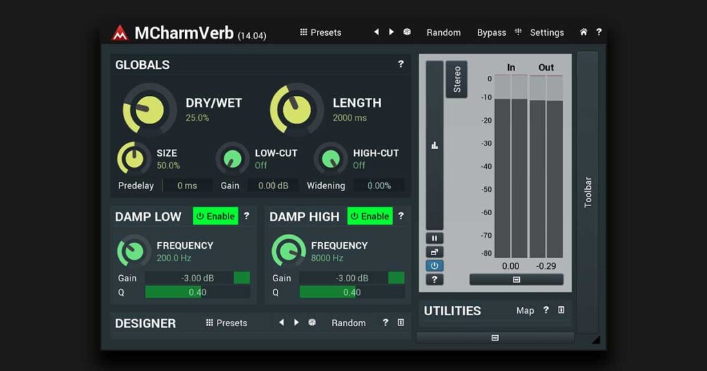 Screenshot of the MCharmVerb GUI, focusing on the visual display or the decay/EQ control panel.