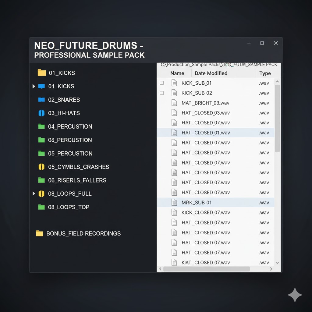 Organized folder structure for a professional sample pack distribution