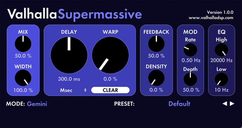 Screenshot of the Valhalla Supermassive GUI, with the 'Mode' set to a large, ambient setting and the Mix/Delay knobs clearly visible.