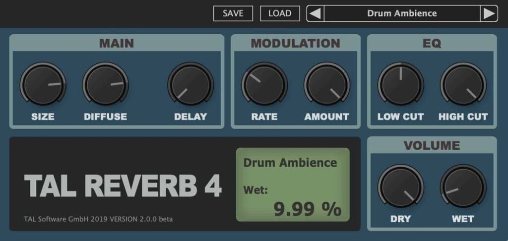  Screenshot of the TAL-Reverb-4 GUI, highlighting the simple EQ section and the Mod control.